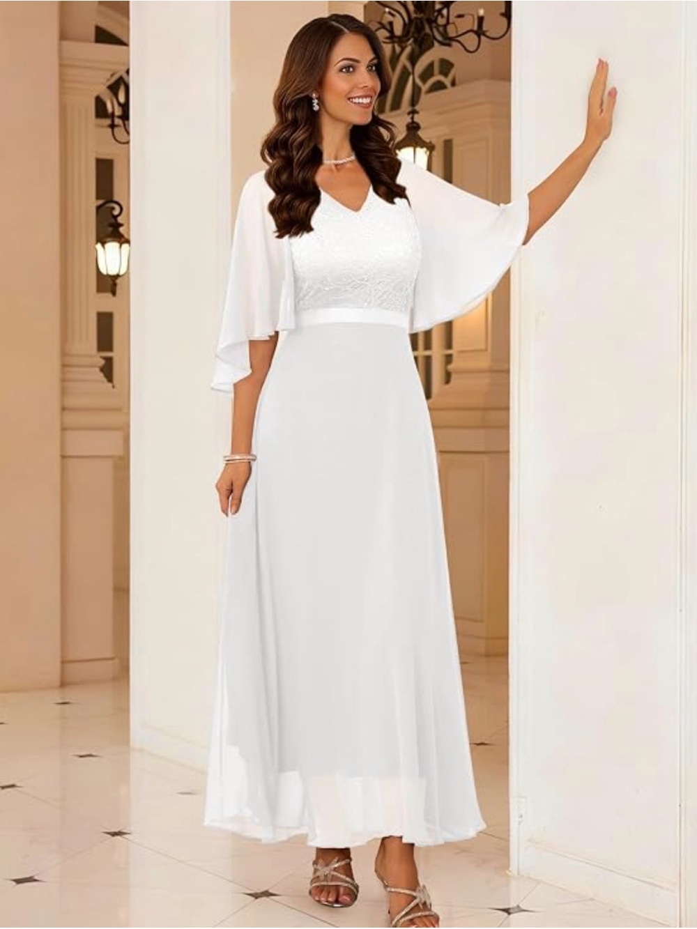 DRESSTELLS.  White V-Neck Lace Bodice Maxi Dress with Sheer Flutter Sleeves
